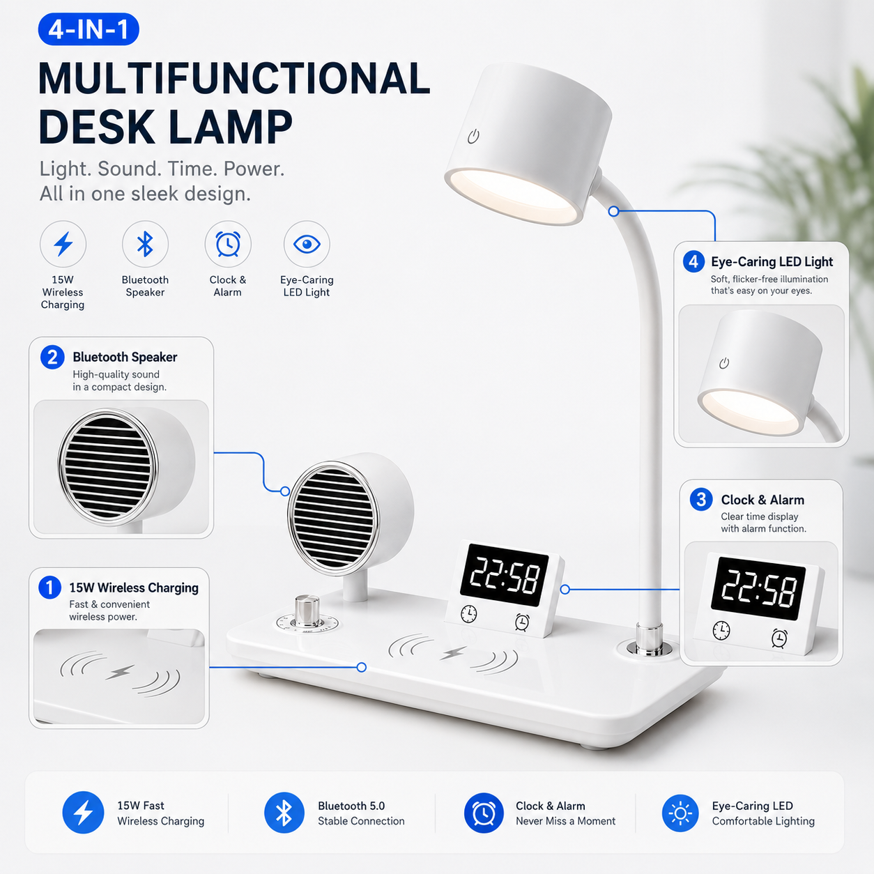 15W Wireless Charging Bluetooth Alarm Lamp